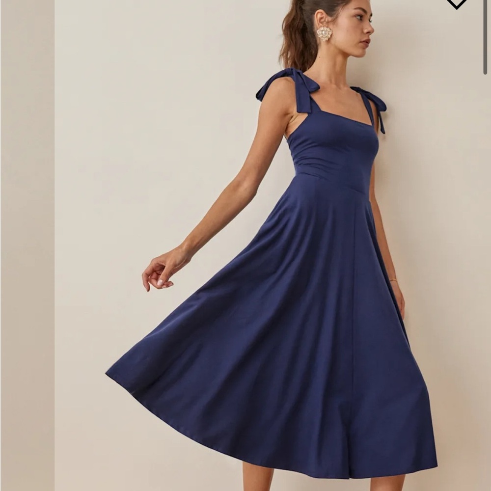 Reformation Navy Blue Tie-Shoulder Midi Dress